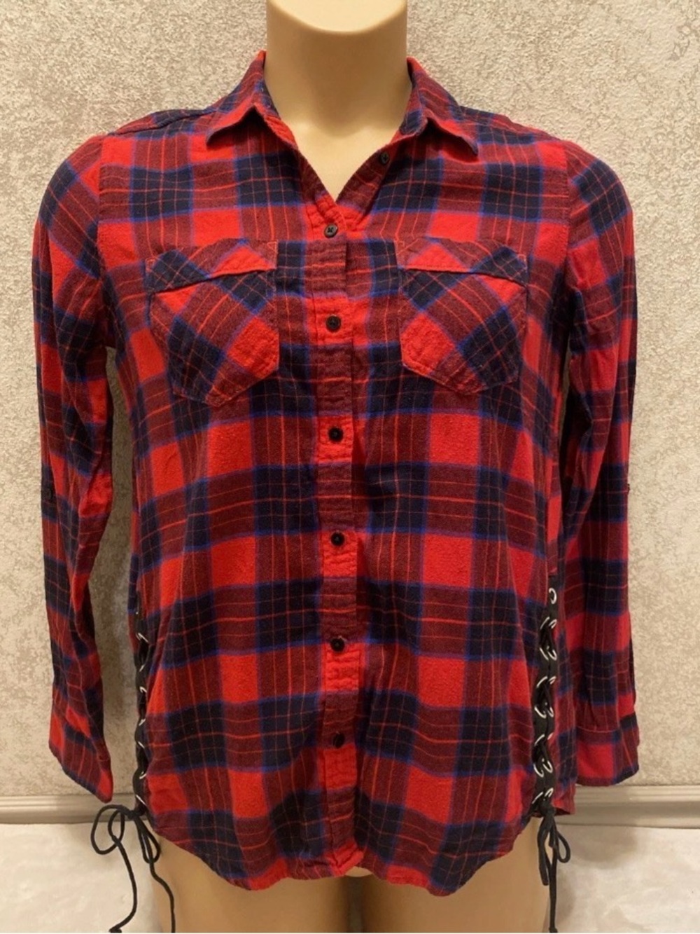 Express Red and Navy Plaid Button-Down Flannel Shirt With Lace Up Details